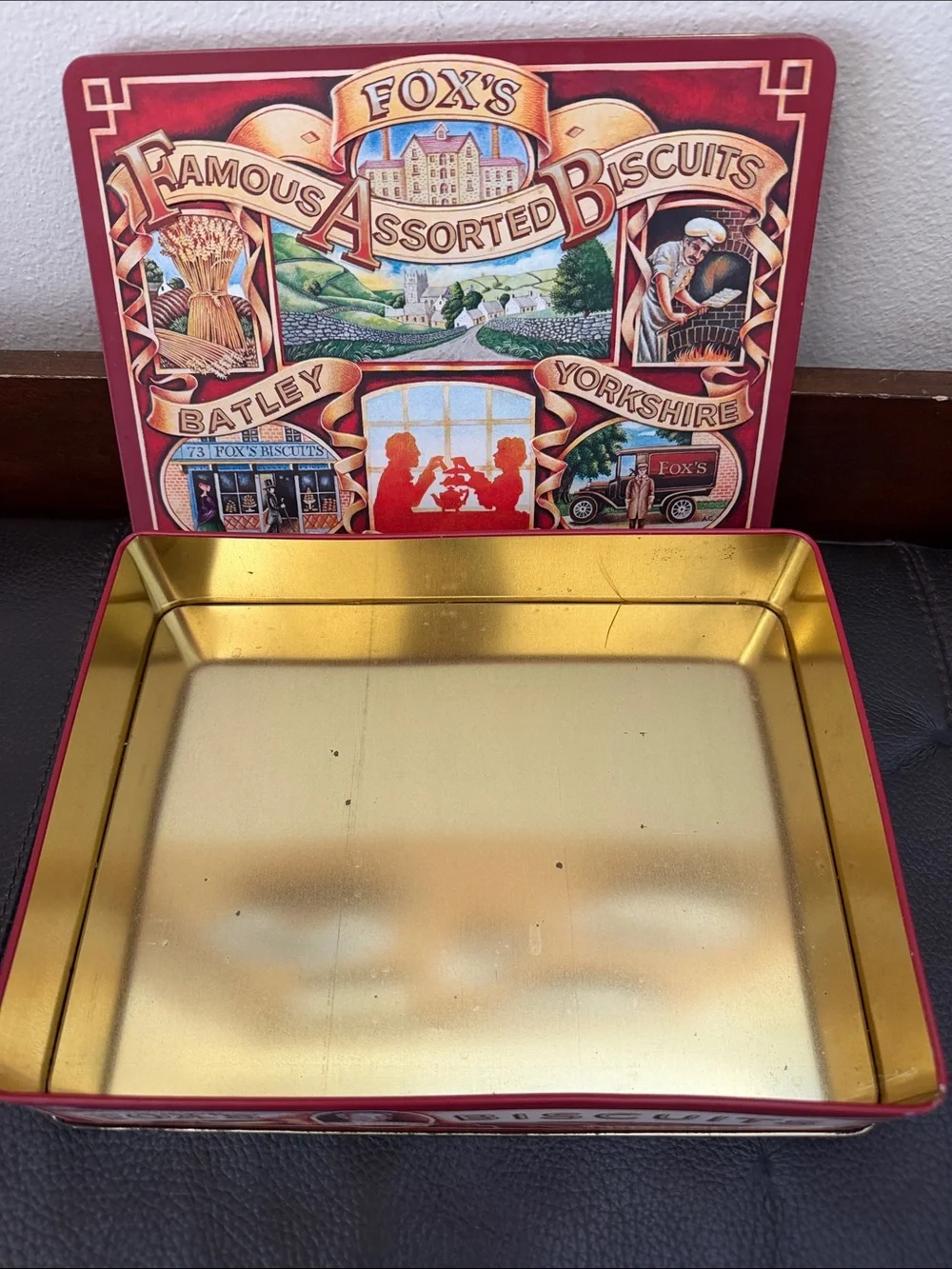 Vintage Fox's Famous Assorted Biscuits Tin Features Nostalgic Heritage Artwork